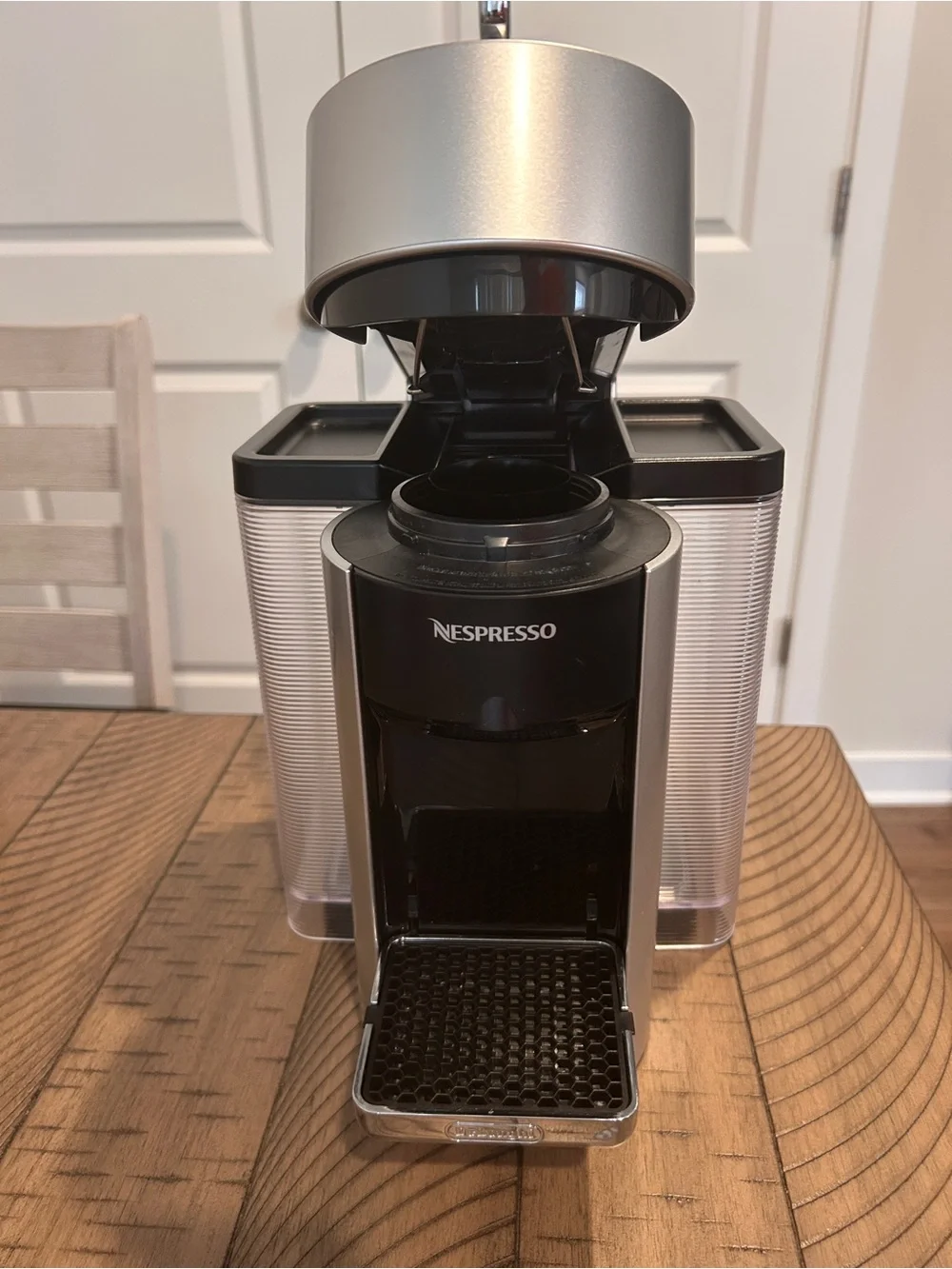 Nespresso Espresso Machine in Silver and Black with Clear Water Tanks